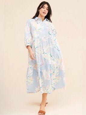 Anthropologie Maeve Bettina Blue Floral Maxi Shirt Dress | M